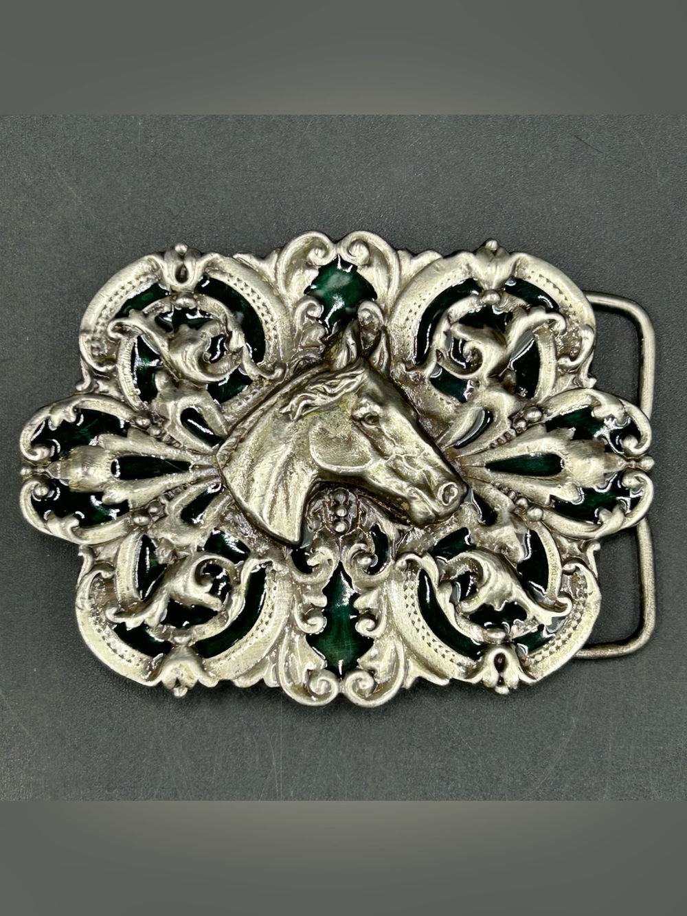 Vintage 1974 Bergamot Brass Works Horse Belt Buckle J-144 Green Enamel USA
